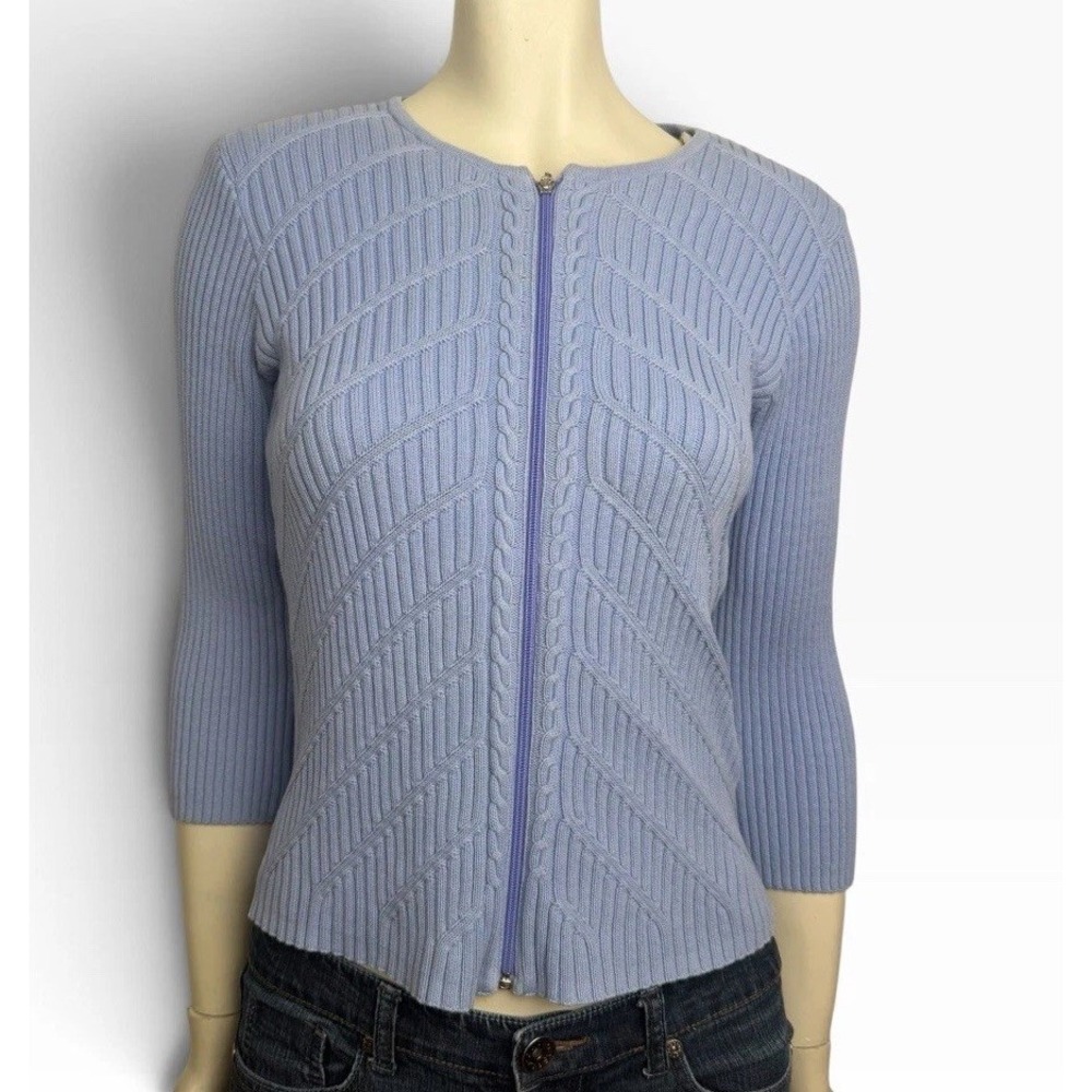 Parkhurst Periwinkle Chevron Cable Knit Zip Cardigan Sweater 3/4 Sleeve Fall M